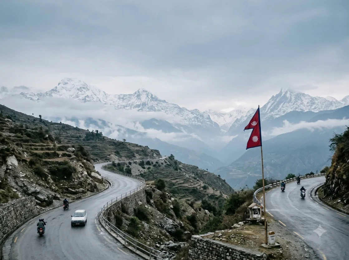 A mountain highway in Nepal beneath the Himalaya, with a Nepali flag at the roadside